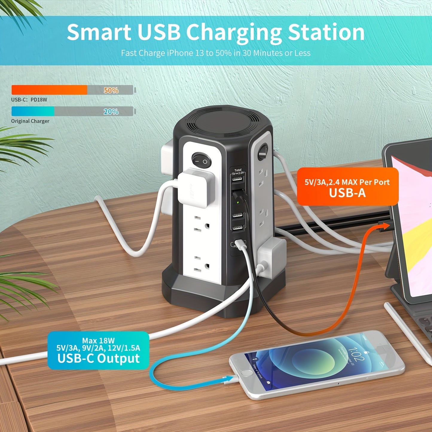Surge Protector Power Strip Tower With USB C Port