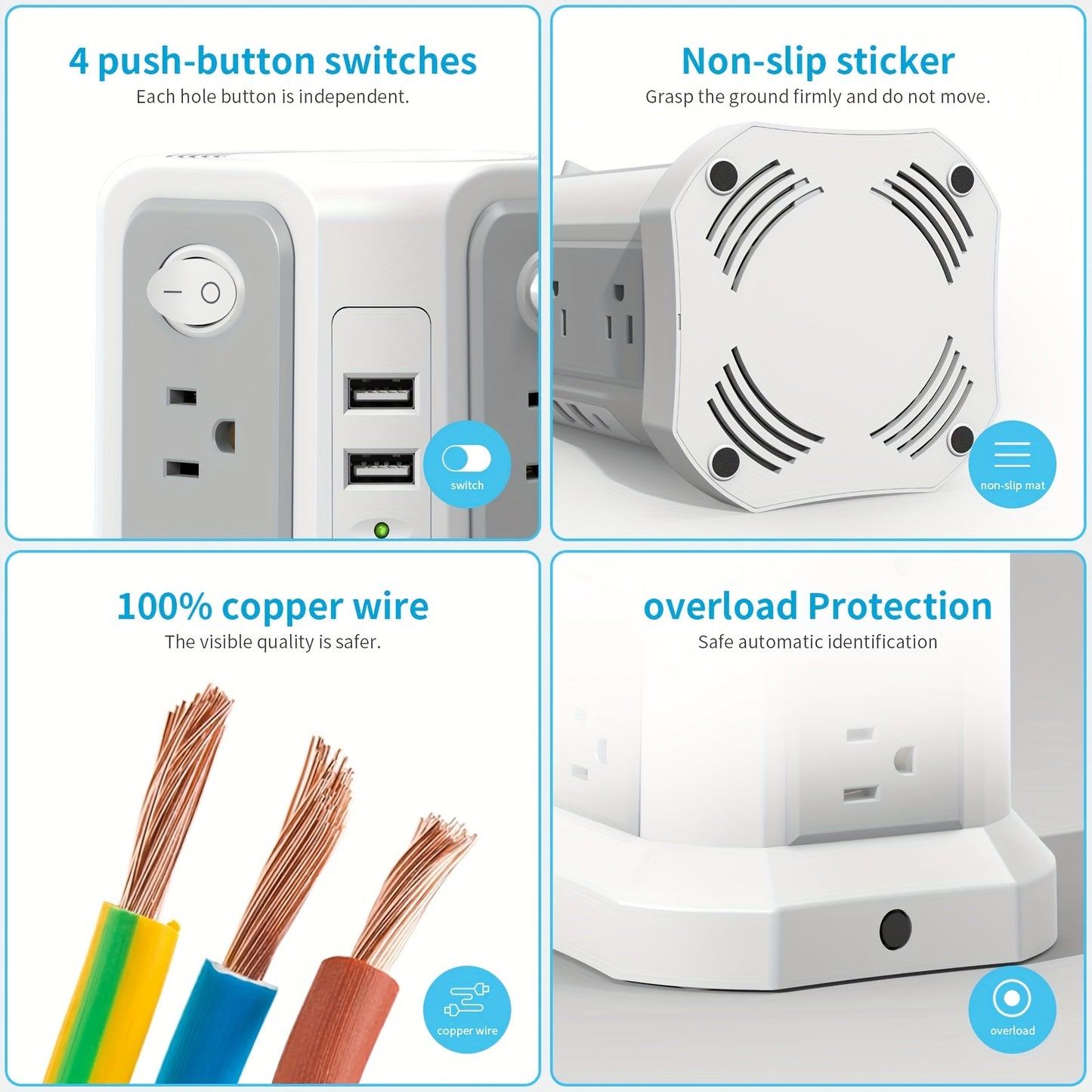 Surge Protector Power Strip Tower With USB C Port