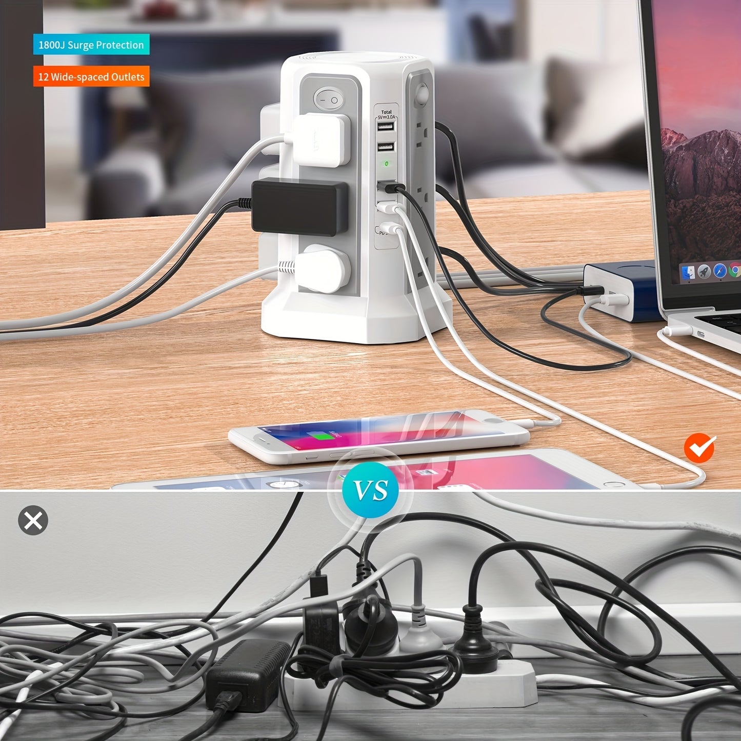 Surge Protector Power Strip Tower With USB C Port