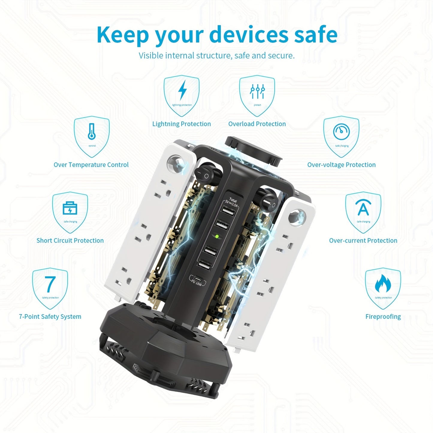 Surge Protector Power Strip Tower With USB C Port